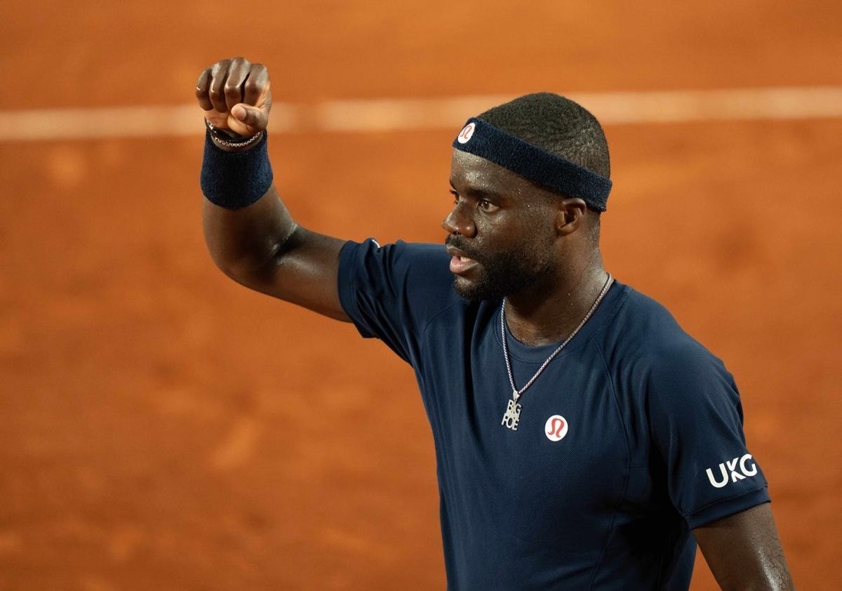 Jun 1, 2026; Paris, France;  Frances Tiafoe of the United States reacts during his match against Matteo Arnaldi of Italy on day nine at Stade Roland Garros. Mandatory Credit: Susan Mullane-Imagn Images
