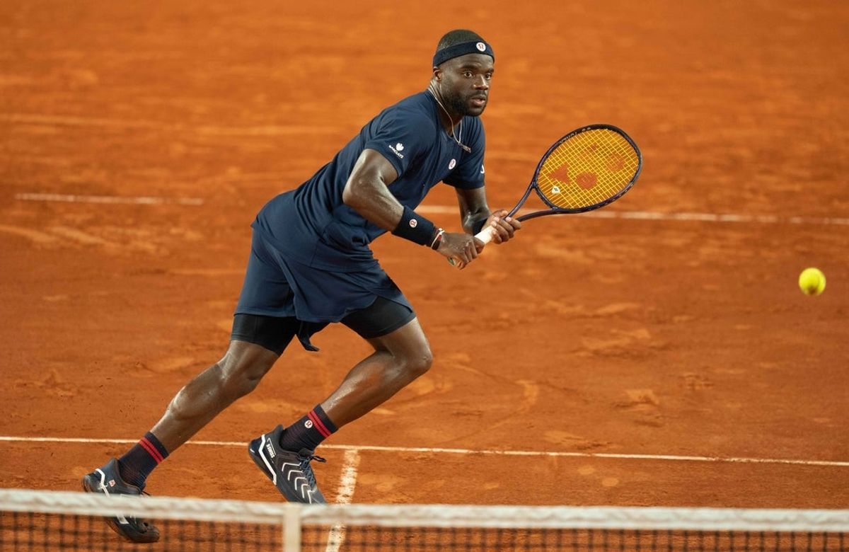 Jun 1, 2026; Paris, France;  Frances Tiafoe of the United States returns a shot during his match against Matteo Arnaldi of Italy on day nine at Stade Roland Garros. Mandatory Credit: Susan Mullane-Imagn Images
