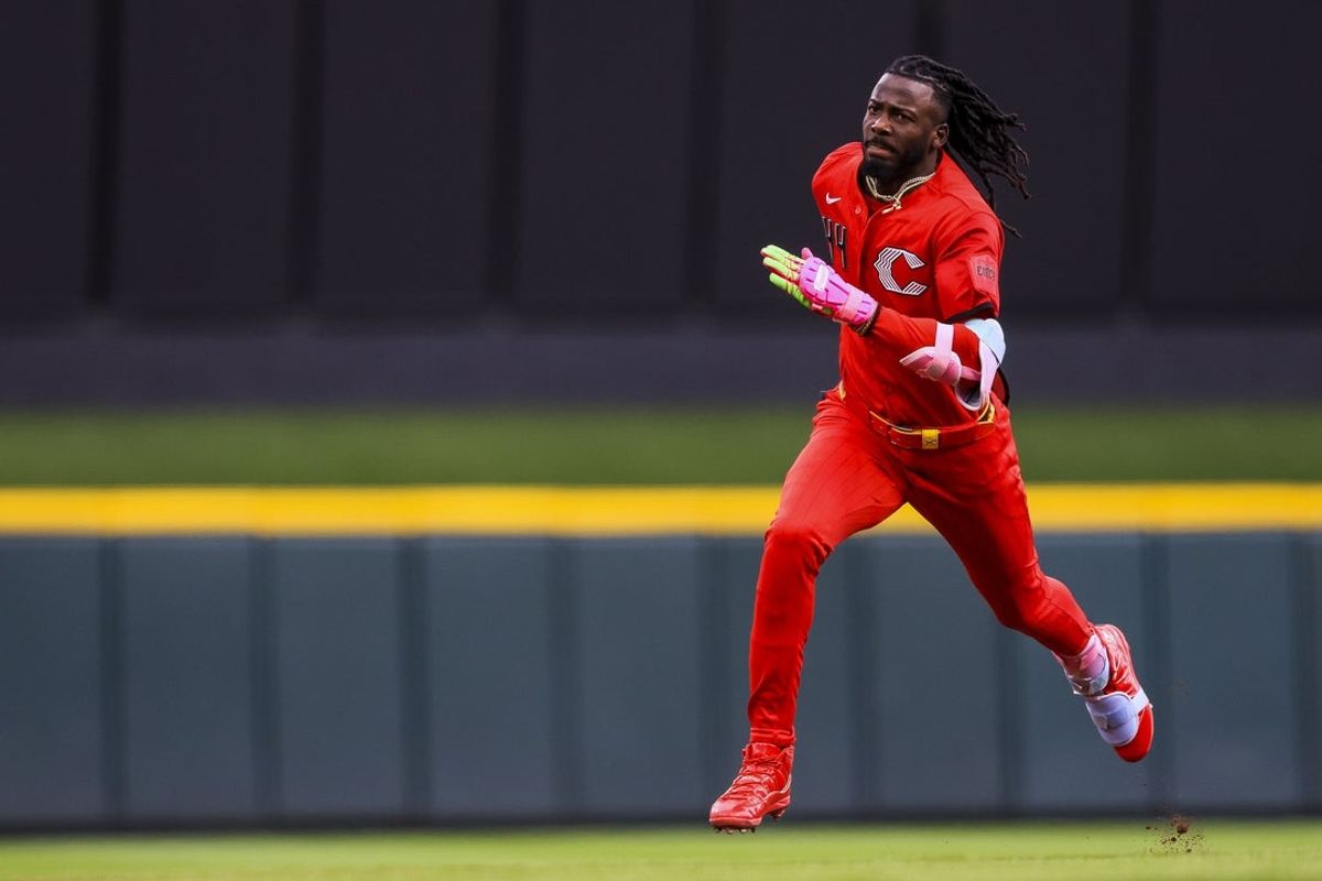 May 30, 2026; Cincinnati, Ohio, USA; Cincinnati Reds shortstop Elly de la Cruz (44) runs to third after hitting a triple in the third inning against the Atlanta Braves at Great American Ball Park. Mandatory Credit: Katie Stratman-Imagn Images
