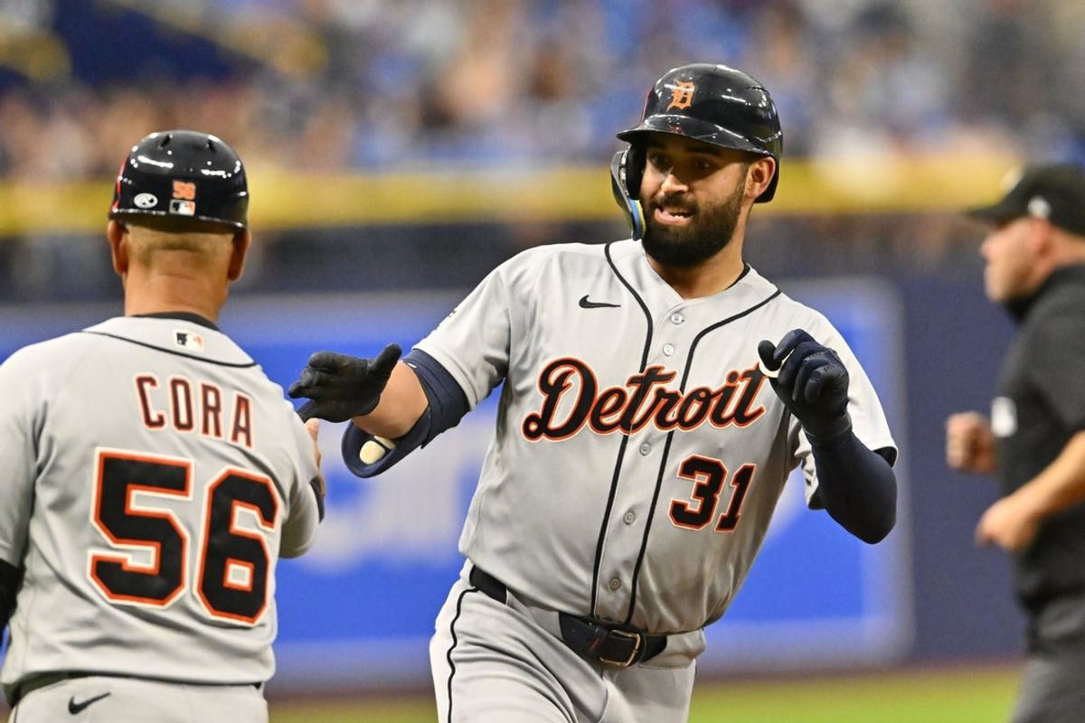 Jun 1, 2026; St. Petersburg, Florida, USA; Detroit Tigers outfielder Riley Green (31) celebrates a home run during the third inning against Tampa Bay Rays at Tropicana Field. Mandatory Credit: Pablo Robles-Imagn Images