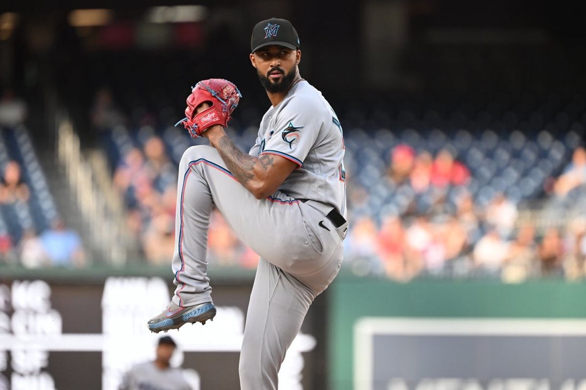 Jun 1, 2026; Washington, District of Columbia, USA; Miami Marlins pitcher Sandy Alcantara (22) throws a pitch against the Washington Nationals during the first inning at Nationals Park. Mandatory Credit: Rafael Suanes-Imagn Images