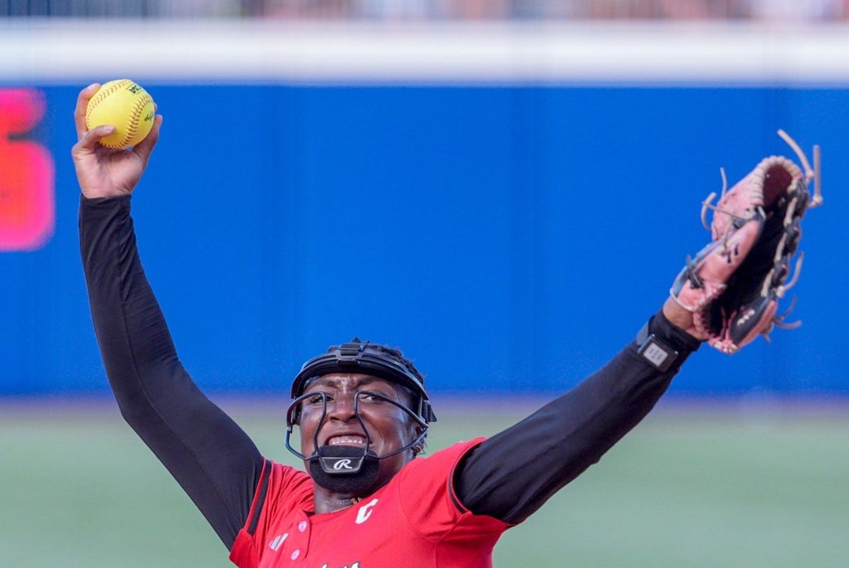 Texas Tech pitcher Nijaree Canady (24) pitches in the second inning during a softball game at the Women’s College World Series between Texas Tech and Alabama at Devon Park in Oklahoma City, on Monday, June 1, 2026.