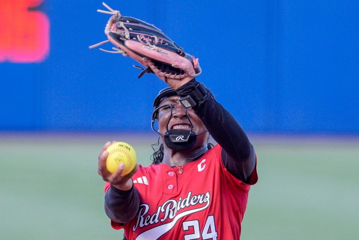 Texas Tech pitcher Nijaree Canady (24) pitches in the second inning during a softball game at the Women’s College World Series between Texas Tech and Alabama at Devon Park in Oklahoma City, on Monday, June 1, 2026.