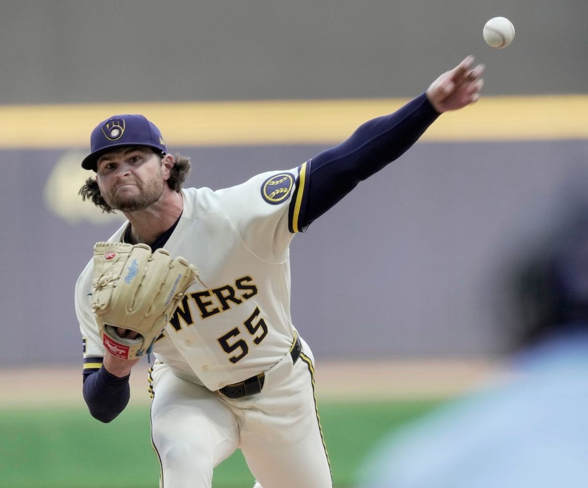 Milwaukee Brewers pitcher Shane Drohan (55) throws during the first inning of their game against the San Francisco Giants Monday, June 1, 2026 at American Family Field in Milwaukee, Wisconsin.
