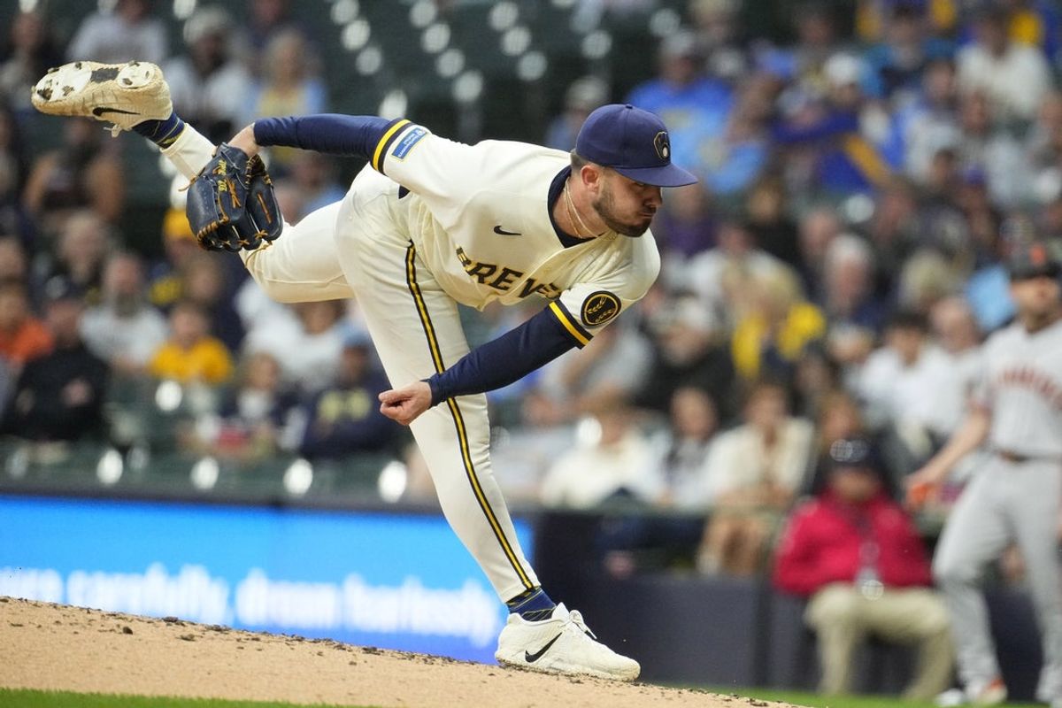 Jun 1, 2026; Milwaukee, Wisconsin, USA; Milwaukee Brewers pitcher Dl Hall (37) delivers a pitch agains the San Francisco Giants in the sixth inning at American Family Field. Mandatory Credit: Michael McLoone-Imagn Images