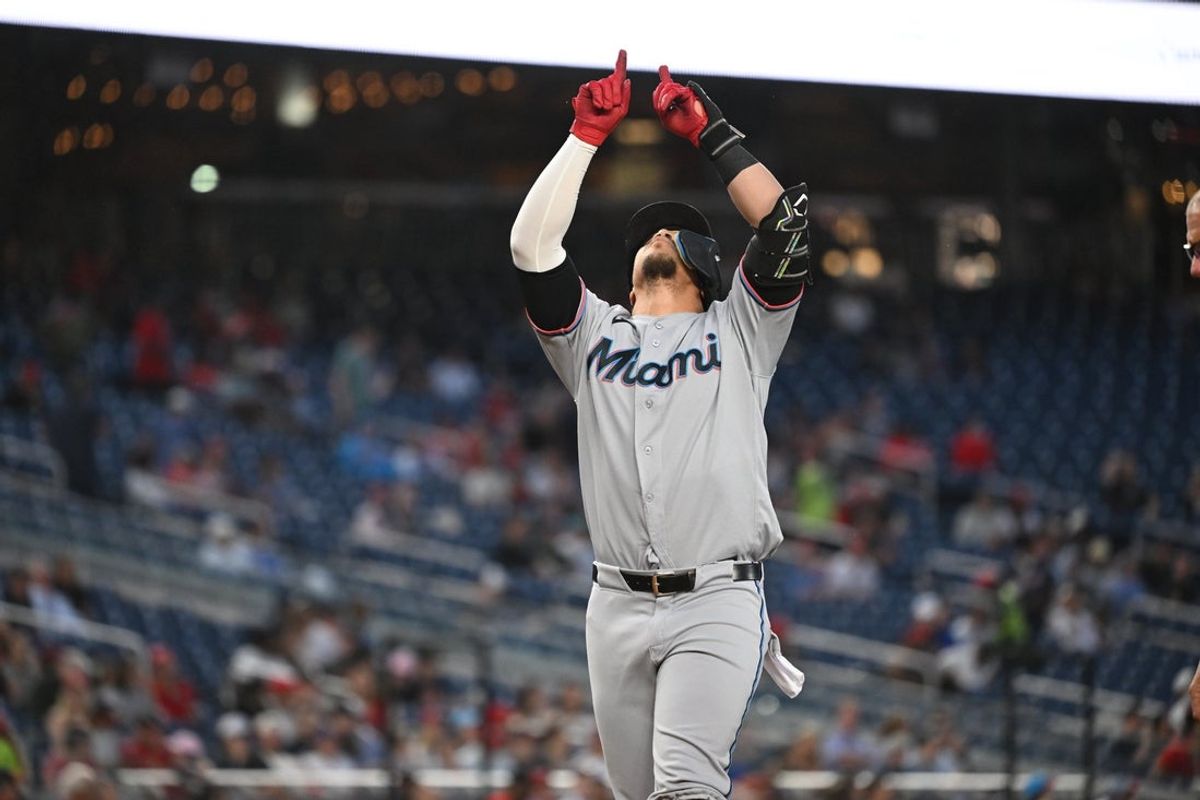 Jun 1, 2026; Washington, District of Columbia, USA; Miami Marlins left fielder Heriberto Hernandez (13) reacts after hitting a home run against the Washington Nationals during the sixth inning at Nationals Park. Mandatory Credit: Rafael Suanes-Imagn Images