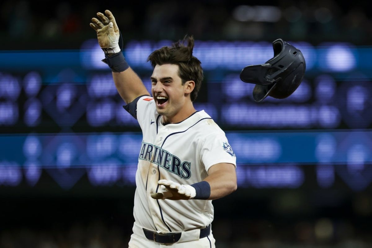 Jun 1, 2026; Seattle, Washington, USA; Seattle Mariners second baseman Cole Young (2) reacts after hitting a walk-off RBI-single against the New York Mets during the tenth inning at T-Mobile Park. Mandatory Credit: Joe Nicholson-Imagn Images