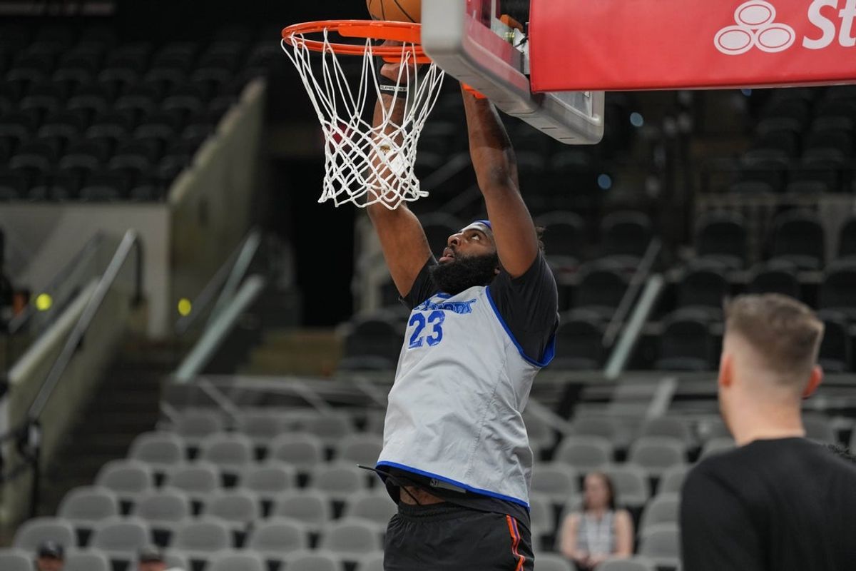 Jun 2, 2026; San Antonio, TX, USA;  New York Knicks center Mitchell Robinson (23) dunks the ball during practice on media day for the 2026 NBA Finals at Frost Bank Center. Mandatory Credit: Daniel Dunn-Imagn Images