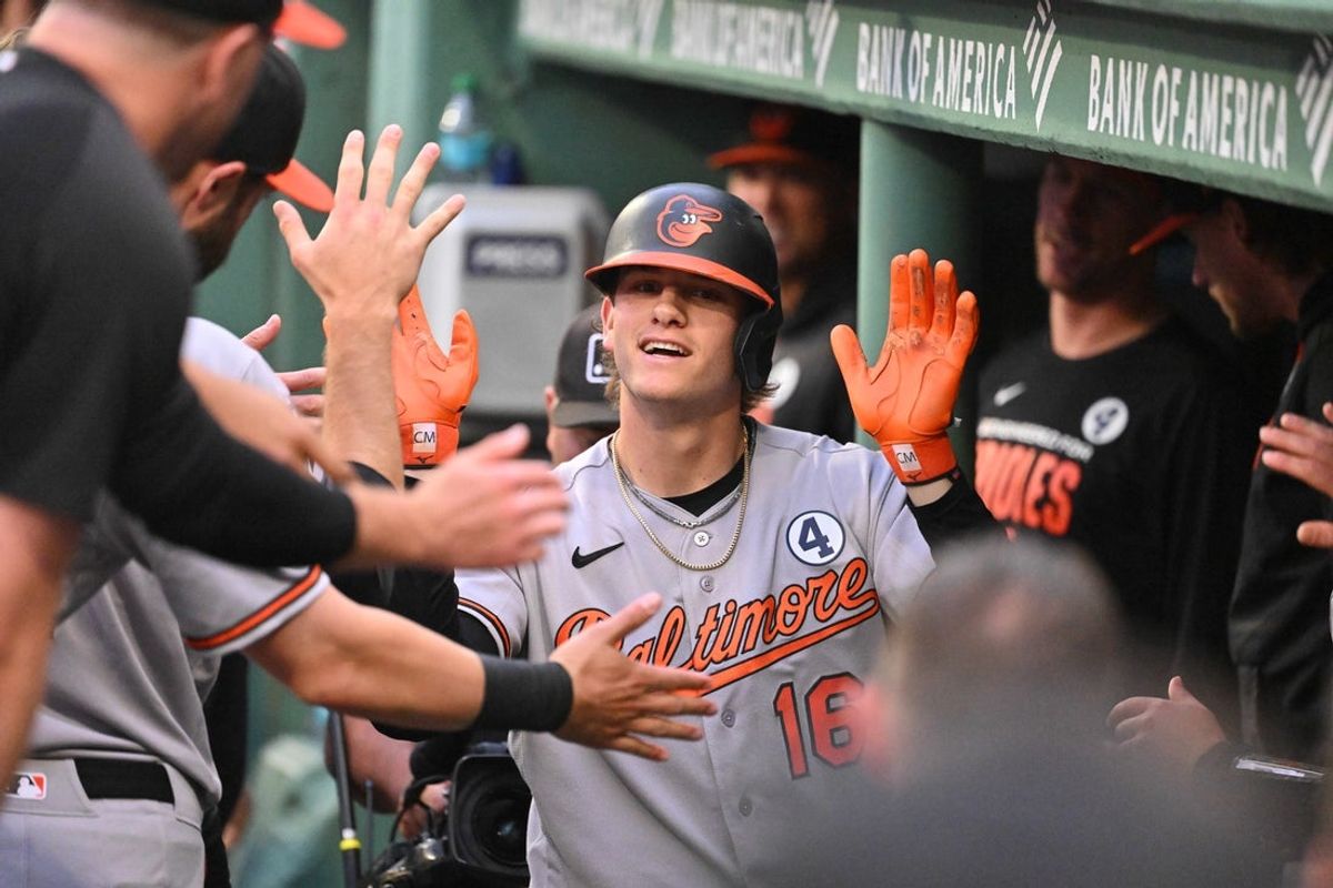 Jun 2, 2026; Boston, Massachusetts, USA; Baltimore Orioles third baseman Coby Mayo (16) celebrates hitting a home run against the Boston Red Sox during the second inning at Fenway Park. Mandatory Credit: Eric Canha-Imagn Images