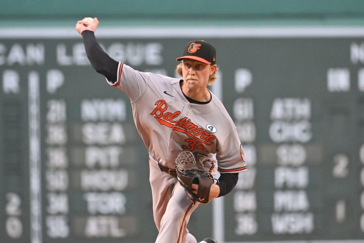 Jun 2, 2026; Boston, Massachusetts, USA; Baltimore Orioles starting pitcher Shane Baz (34) pitches against the Boston Red Sox during the first inning at Fenway Park. Mandatory Credit: Eric Canha-Imagn Images