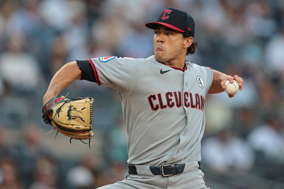 Jun 2, 2026; Bronx, New York, USA; Cleveland Guardians pitcher Joey Cantillo (54) delivers a pitch during the first inning against the New York Yankees at Yankee Stadium. Mandatory Credit: Vincent Carchietta-Imagn Images