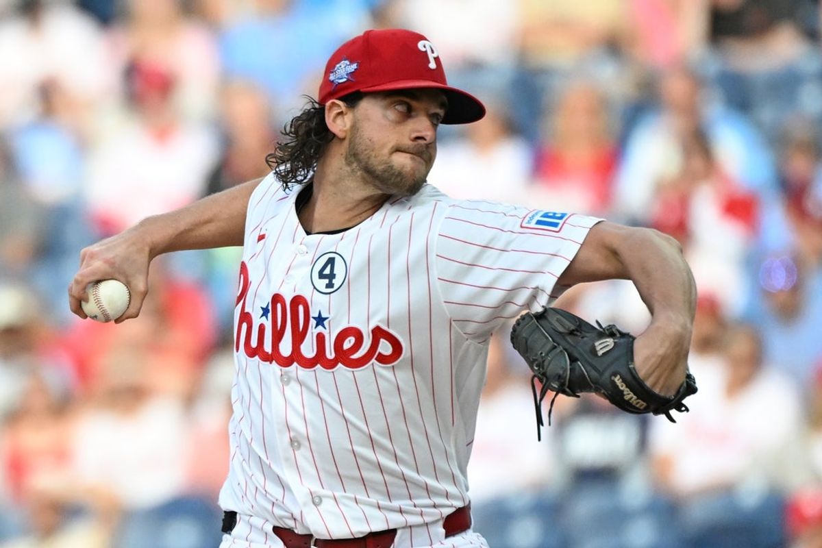Jun 2, 2026; Philadelphia, Pennsylvania, USA; Philadelphia Phillies pitcher Aaron Nola (27) throws a pitch during the first inning against the San Diego Padres at Citizens Bank Park. Mandatory Credit: Eric Hartline-Imagn Images