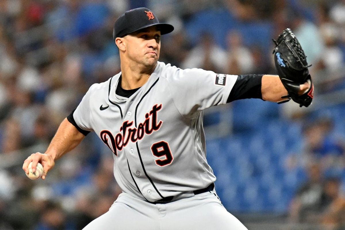 Jun 2, 2026; St. Petersburg, Florida, USA; Detroit Tigers starting pitcher Jack Flaherty (9) throws a pitch in the first inning against the Tampa Bay Rays at Tropicana Field. Mandatory Credit: Jonathan Dyer-Imagn Images
