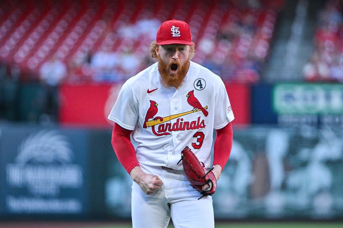 Jun 2, 2026; St. Louis, Missouri, USA; St. Louis Cardinals starting pitcher Dustin May (3) reacts after stranding a runner at third and striking out Texas Rangers first baseman Jake Burger (not pictured) to end the first inning at Busch Stadium. Mandatory Credit: Jeff Curry-Imagn Images