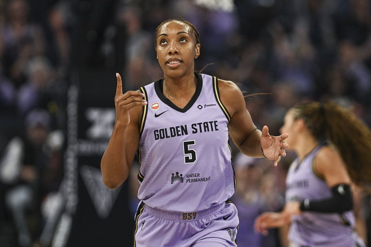 Jun 2, 2026; San Francisco, California, USA; Golden State Valkyries forward Kayla Thornton (5) reacts after a three point basket during the first quarter at Chase Center. Mandatory Credit: Justine Willard-Imagn Images