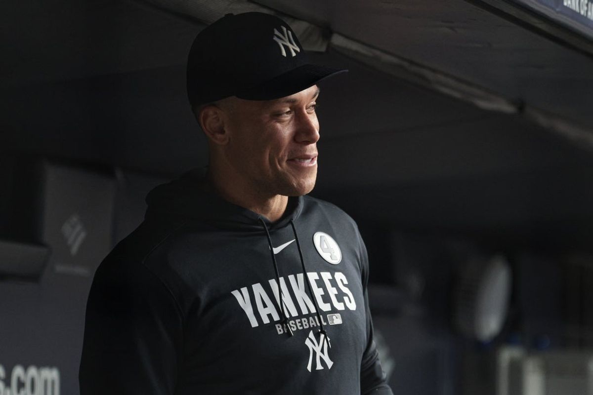 Jun 2, 2026; Bronx, New York, USA; New York Yankees right fielder Aaron Judge (99) looks on from the dugout during the fourth inning against the Cleveland Guardians at Yankee Stadium. Mandatory Credit: Vincent Carchietta-Imagn Images