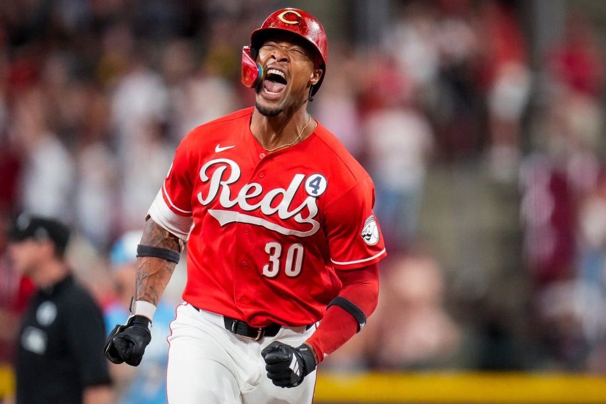 Cincinnati Reds right fielder Will Benson (30) celebrates as he runs the bases on a game-tying solo home run in the ninth inning of the MLB Interleague game between the Cincinnati Reds and the Kansas City Royals at Great American Ball Park in Cincinnati on Tuesday, June 2, 2026. The Reds won 4-3 on a walkoff hit by Blake Dunn, scoring Spencer Steer from second base in the 10th inning.