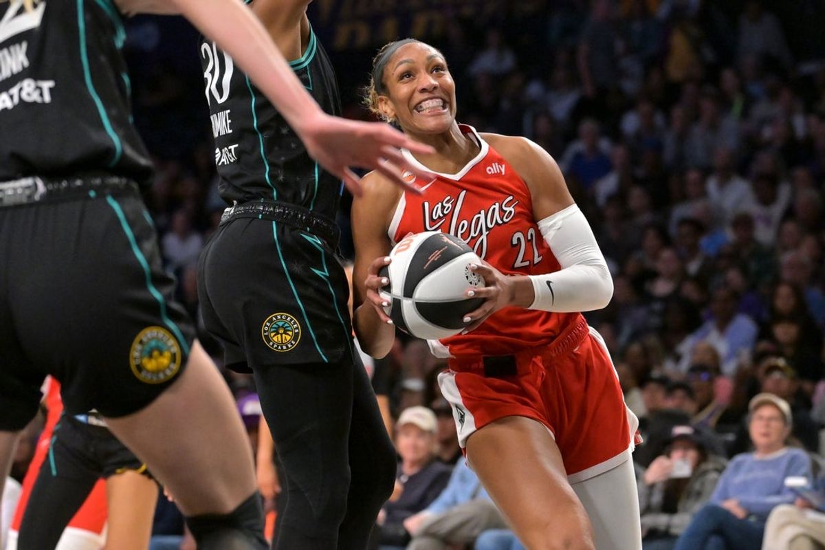 Jun 2, 2026; Los Angeles, California, USA;  Las Vegas Aces center A'ja Wilson (22) is defended by Los Angeles Sparks forward Nneka Ogwumike (30) as she drives to the basket during the first half at Crypto.com Arena. Mandatory Credit: Jayne Kamin-Oncea-Imagn Images