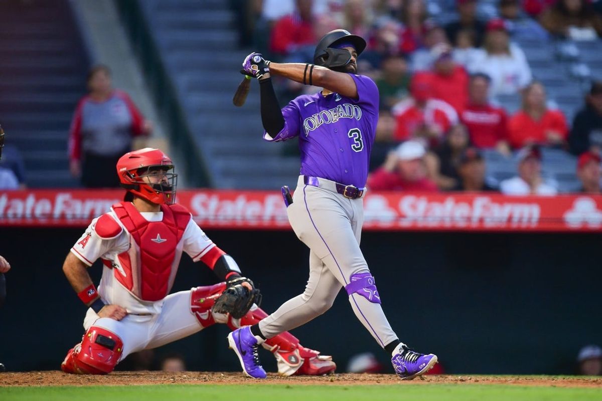 Jun 2, 2026; Anaheim, California, USA; Colorado Rockies second baseman Willi Castro (3) hits a three run home run against the Los Angeles Angels during the fourth inning at Angel Stadium. Mandatory Credit: Gary A. Vasquez-Imagn Images
