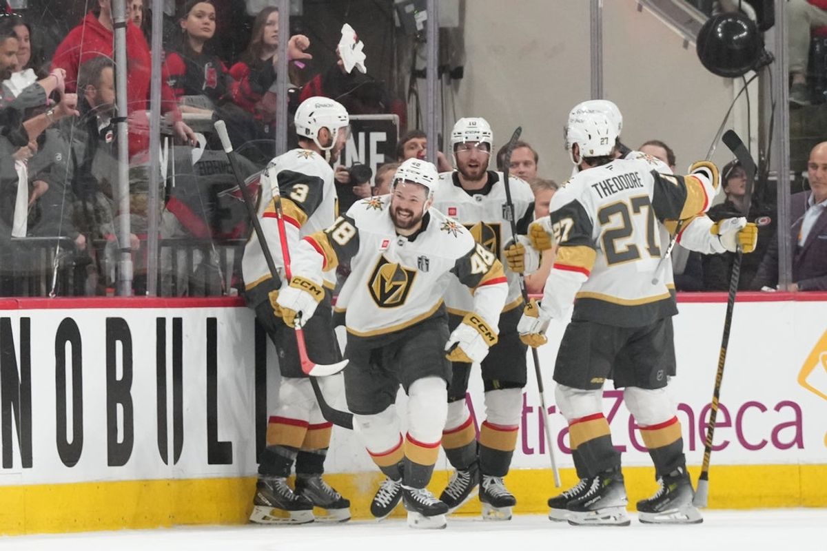 Jun 2, 2026; Raleigh, North Carolina, USA; Vegas Golden Knights center Tomas Hertl (48) celebrates scoring during the third period against the Carolina Hurricanes in game one of the 2026 Stanley Cup Final at Lenovo Center. Mandatory Credit: James Guillory-Imagn Images