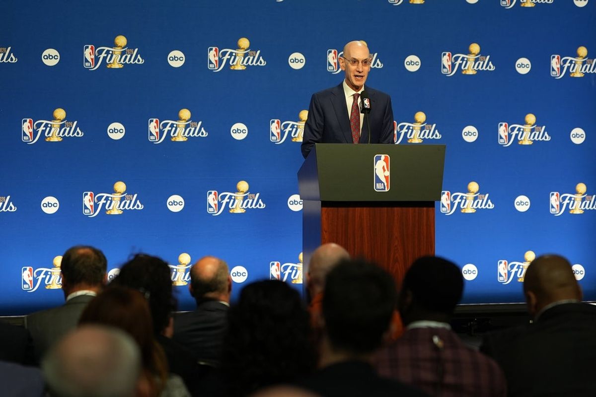 Jun 3, 2026; San Antonio, Texas, USA; NBA Commissioner Adam Silver speaks to the media before game one of the 2026 NBA Finals at Frost Bank Center. Mandatory Credit: Daniel Dunn-Imagn Images