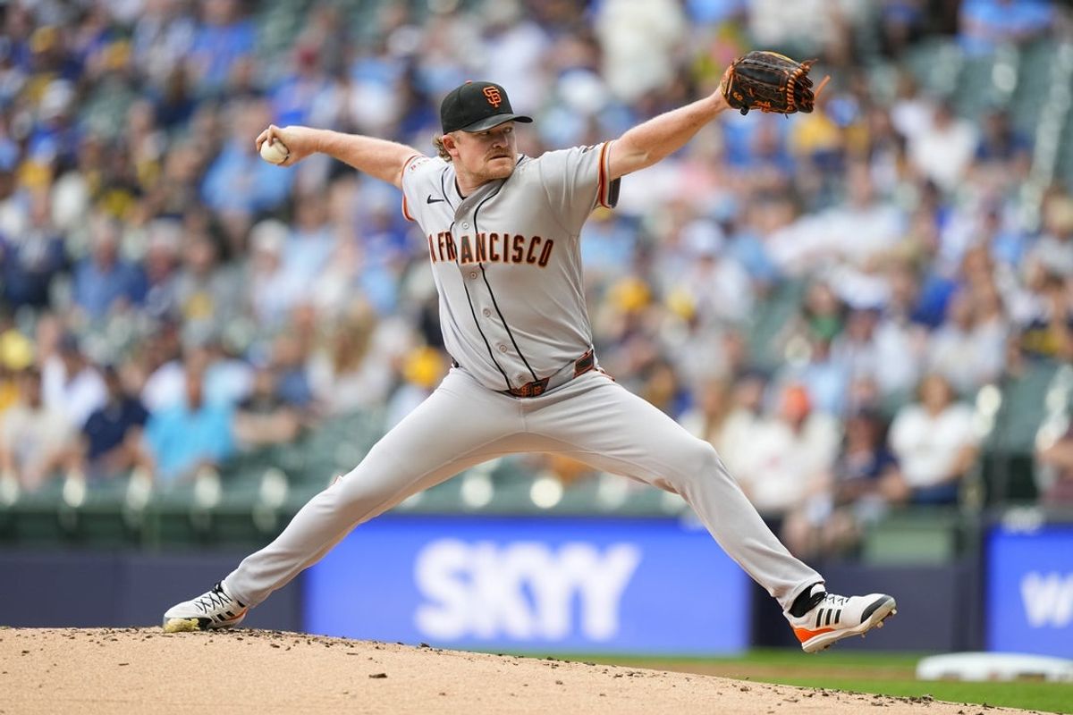 Jun 3, 2026; Milwaukee, Wisconsin, USA;  San Francisco Giants pitcher Logan Webb (62) throws a pitch during the first inning against the Milwaukee Brewers at American Family Field. Mandatory Credit: Jeff Hanisch-Imagn Images
