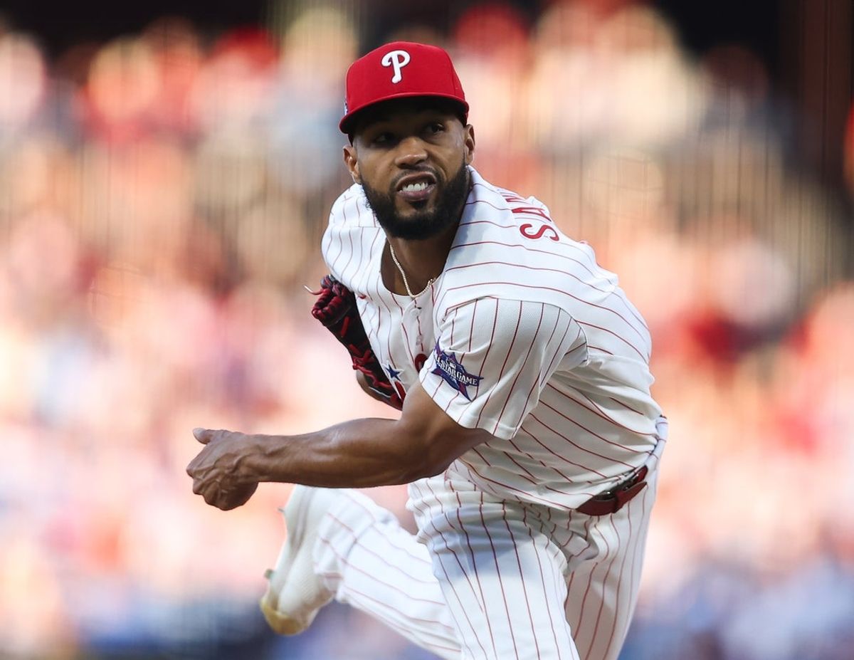 Jun 3, 2026; Philadelphia, Pennsylvania, USA; Philadelphia Phillies pitcher Cristopher Sanchez (61) throws a pitch against the San Diego Padres during the fifth inning at Citizens Bank Park. Mandatory Credit: Bill Streicher-Imagn Images