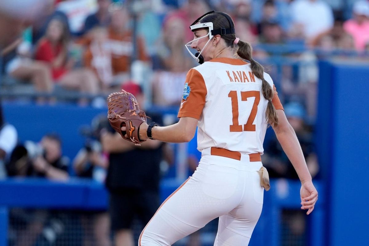 Texas Longhorns pitcher Teagan Kavan (17) celebrates after an out during Game 1 of the NCAA softball Women's College World Series finals between the Texas Longhorns and the Texas Tech Red Raiders at Devon Park in Oklahoma City, Wednesday, June 3, 2026.