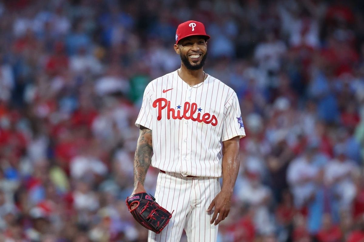 Jun 3, 2026; Philadelphia, Pennsylvania, USA; Philadelphia Phillies pitcher Cristopher Sanchez (61) reacts during the seventh inning after his franchise record consecutive scoreless streak ends after a San Diego Padres run at Citizens Bank Park. Mandatory Credit: Bill Streicher-Imagn Images