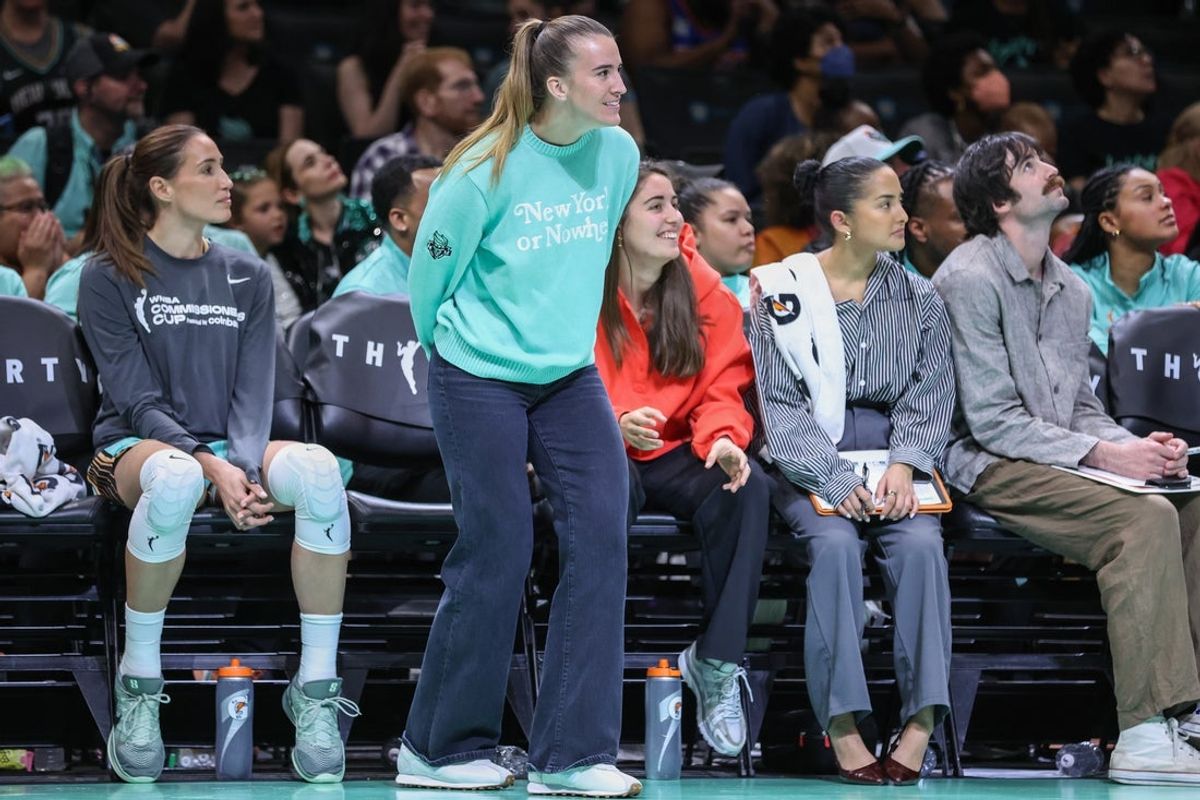 Jun 3, 2026; Brooklyn, New York, USA;  New York Liberty guard Sabrina Ionescu (not in uniform) watches from the bench in the fourth quarter against the Toronto Tempo at Barclays Center. Mandatory Credit: Wendell Cruz-Imagn Images