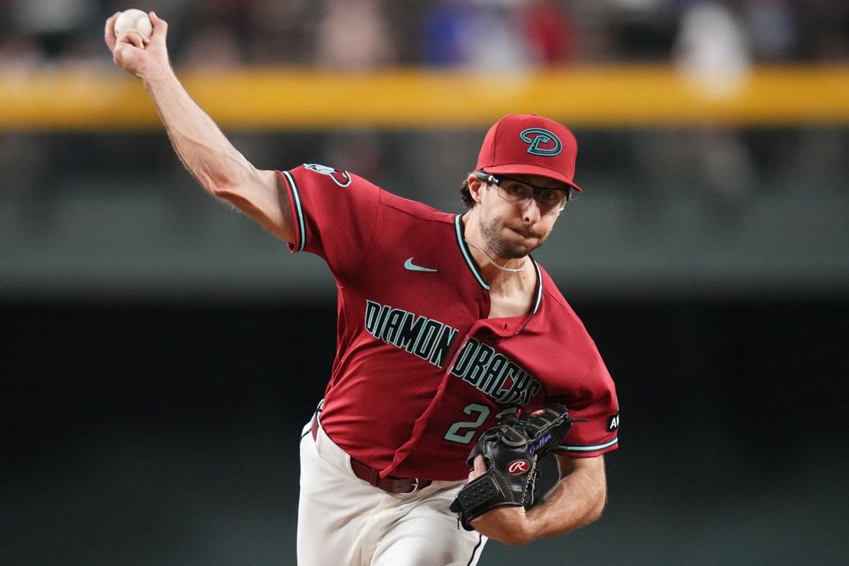 Arizona Diamondbacks right-hander Zac Gallen (23) warms up before pitching against the Los Angeles Dodgers at Chase Field in Phoenix, on June 2, 2026.