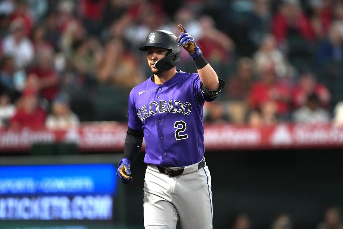 Jun 3, 2026; Anaheim, California, USA; Colorado Rockies right fielder Tyler Freeman (2) gestures after hitting a two-run home run in the fifth inning against the Los Angeles Angels at Angel Stadium. Mandatory Credit: Kirby Lee-Imagn Images