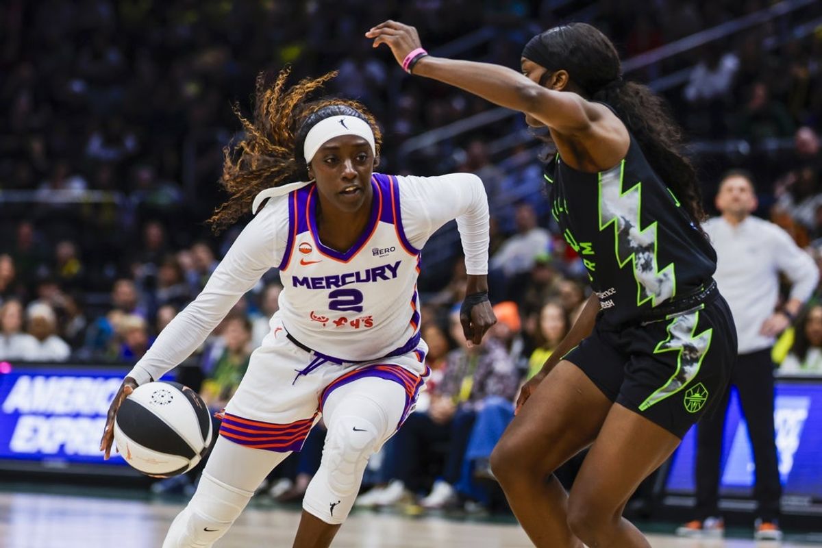 Jun 3, 2026; Seattle, Washington, USA; Phoenix Mercury guard-forward Kahleah Copper (2) dribbles against Seattle Storm guard Flau'jae Johnson (4) during the fourth quarter at Climate Pledge Arena. Mandatory Credit: Joe Nicholson-Imagn Images