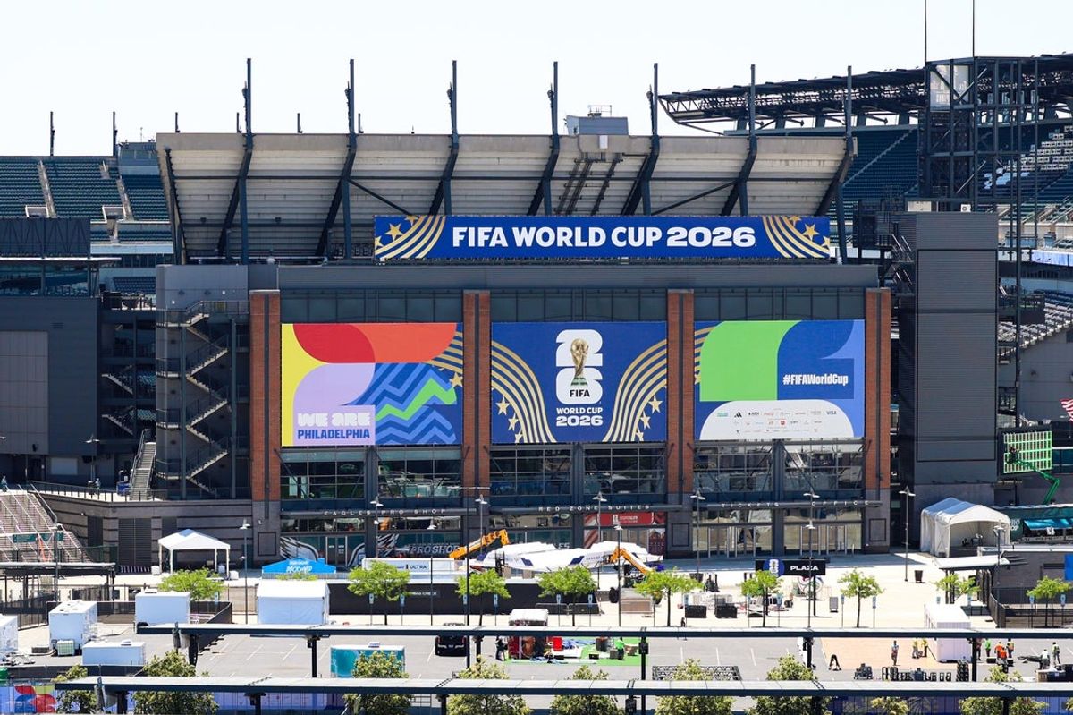 Jun 4, 2026; Philadelphia, Pennsylvania, USA; A general view of from Citizens Bank Park of Lincoln Financial field with 2026 FIFA World Cup signage. Mandatory Credit: Bill Streicher-Imagn Images