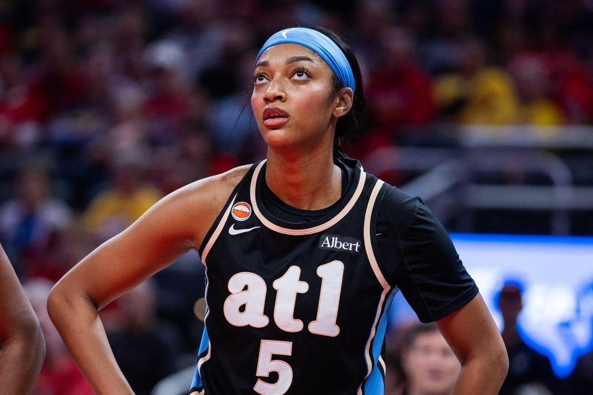 Jun 4, 2026; Indianapolis, Indiana, USA;  Atlanta Dream forward Angel Reese (5) looks on against the Indiana Fever during the first half at Gainbridge Fieldhouse. Mandatory Credit: Trevor Ruszkowski-Imagn Images