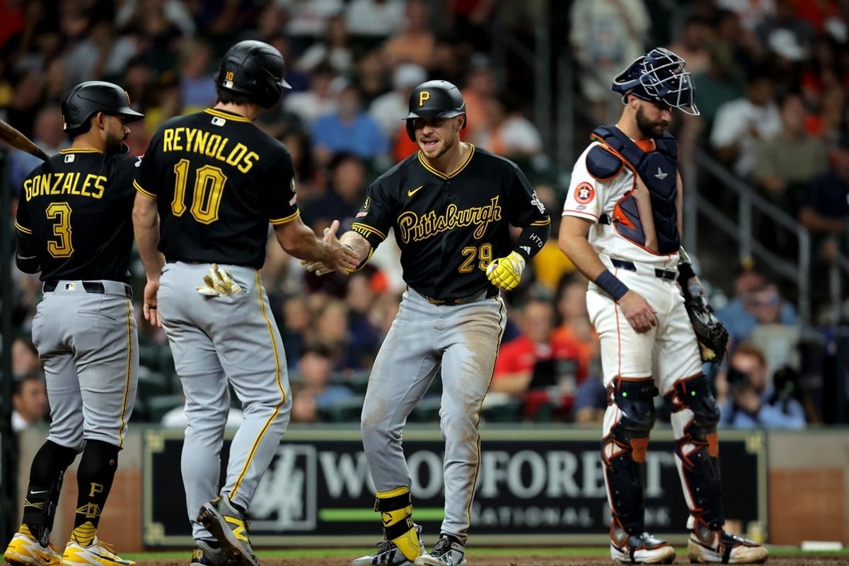 Jun 4, 2026; Houston, Texas, USA; Pittsburgh Pirates right fielder Ryan O'Hearn (29) celebrates with designated hitter Bryan Reynolds (10) after hitting a two-run home run against the Houston Astros during the sixth inning at Daikin Park. Mandatory Credit: Erik Williams-Imagn Images