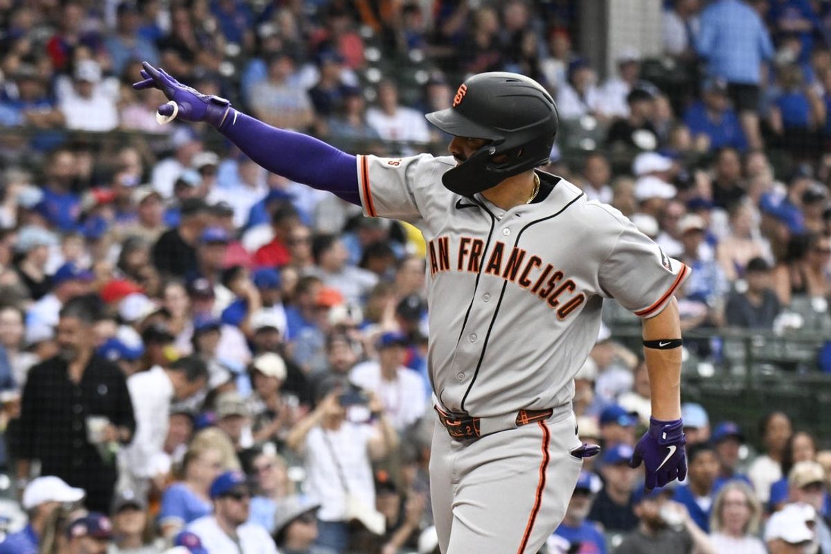 Jun 5, 2026; Chicago, Illinois, USA;  San Francisco Giants shortstop Willy Adames (2) reacts after he hits a two run home run against the Chicago Cubs during the first inning at Wrigley Field. Mandatory Credit: Matt Marton-Imagn Images