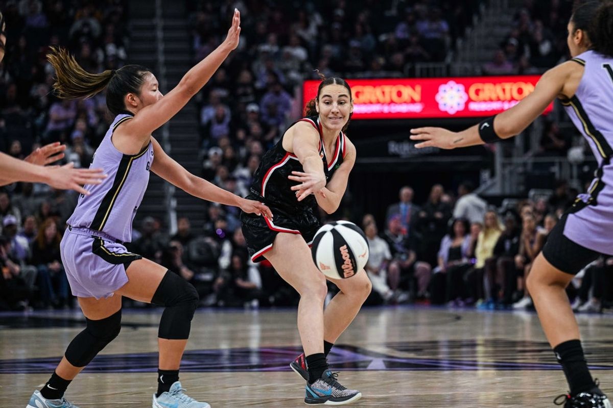 Jun 2, 2026; San Francisco, California, USA; Portland Fire guard Carla Leite (0) passes the ball against the Golden State Valkyries during the second quarter at Chase Center. Mandatory Credit: Justine Willard-Imagn Images