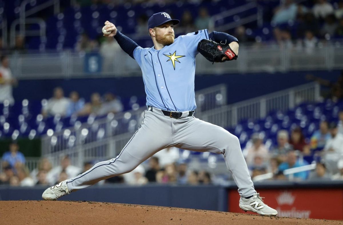 Jun 5, 2026; Miami, Florida, USA;  Tampa Bay Rays starting pitcher Drew Rasmussen (57) throws against the Miami Marlins during the first inning at loanDepot Park. Mandatory Credit: Rhona Wise-Imagn Images