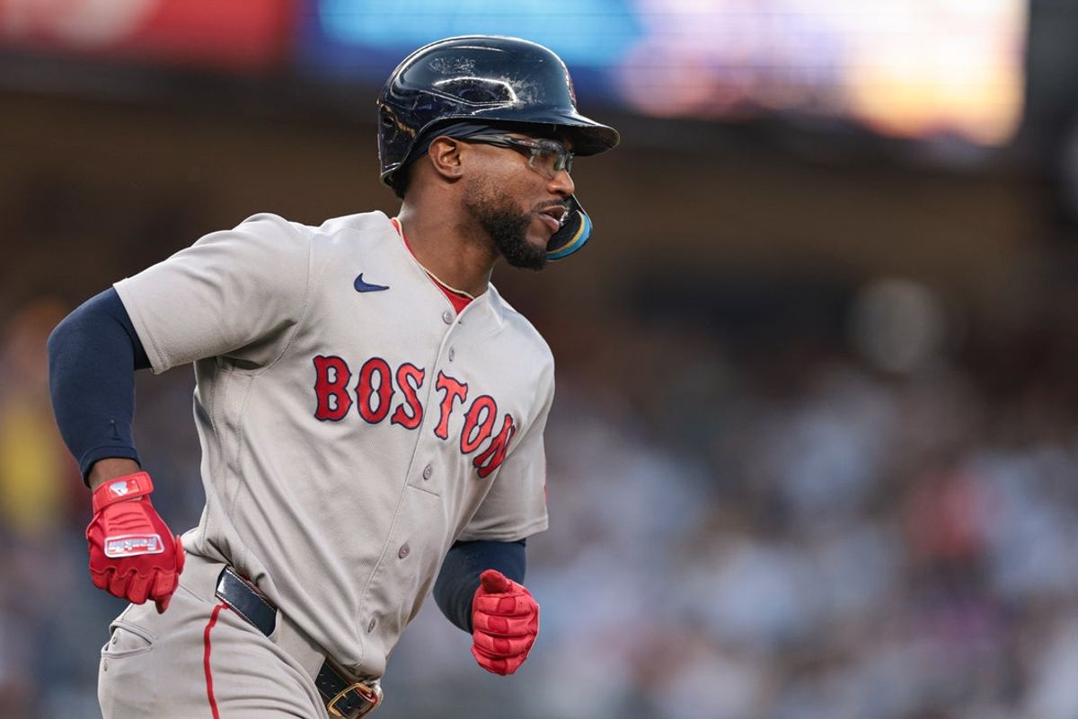 Jun 5, 2026; Bronx, New York, USA; Boston Red Sox shortstop Andruw Monasterio (32) rounds the bases after hitting a solo home run during the fourth inning against the New York Yankees at Yankee Stadium. Mandatory Credit: Vincent Carchietta-Imagn Images