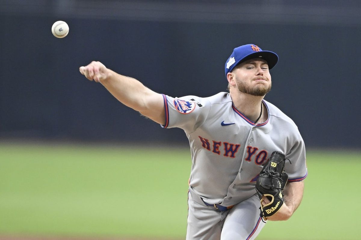 Jun 5, 2026; San Diego, California, USA; New York Mets pitcher Christian Scott (45) delivers during the first inning against the San Diego Padres at Petco Park. Mandatory Credit: Denis Poroy-Imagn Images