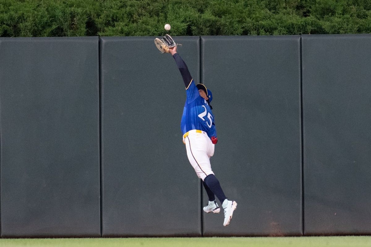 Jun 5, 2026; Minneapolis, Minnesota, USA; Minnesota Twins center fielder Byron Buxton (25) catches a fly ball hit by Kansas City Royals designated hitter Carter Jensen (22) and is injured on the play in the third inning at Target Field. Mandatory Credit: Matt Blewett-Imagn Images