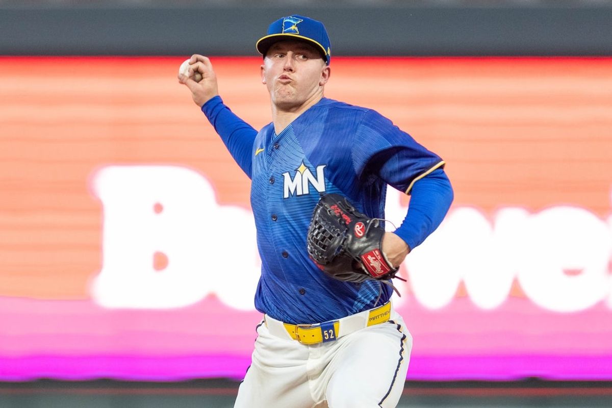 Jun 5, 2026; Minneapolis, Minnesota, USA; Minnesota Twins pitcher Zebby Matthews (52) pitches to the Kansas City Royals in the first inning at Target Field. Mandatory Credit: Matt Blewett-Imagn Images