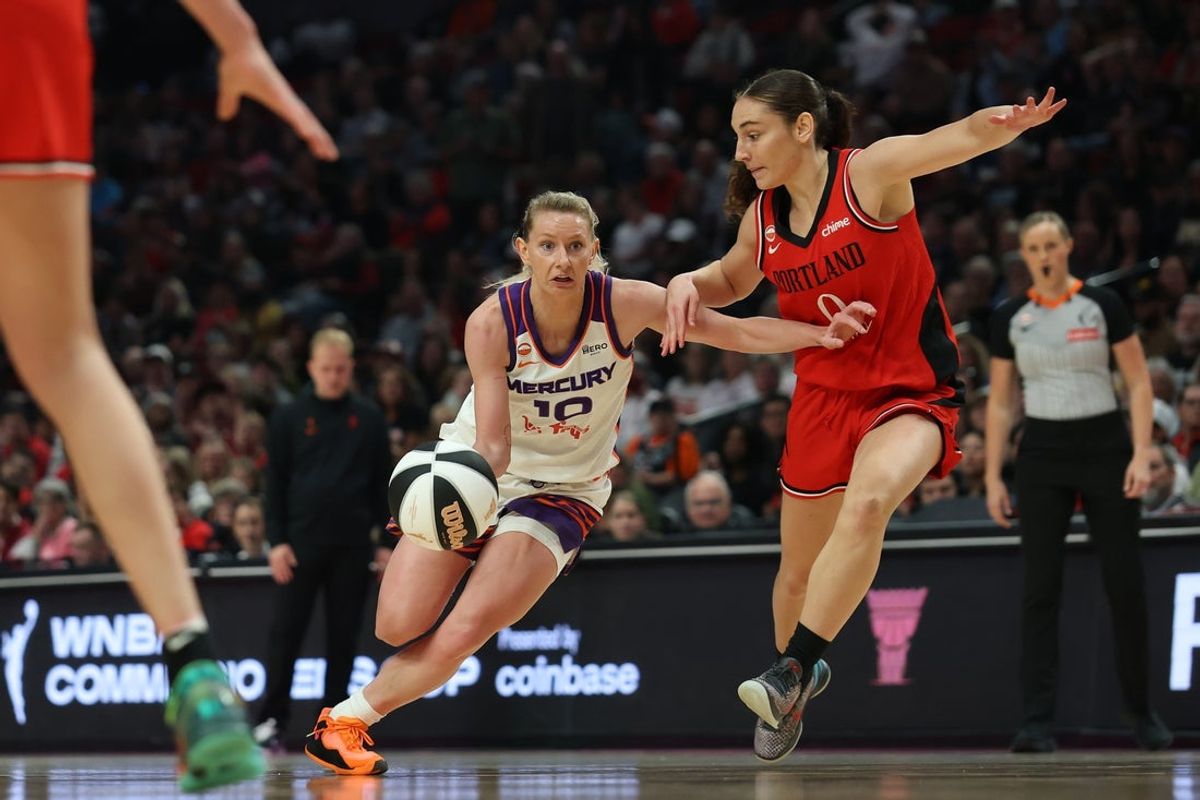 Jun 5, 2026; Portland, Oregon, USA; Phoenix Mercury forward Ashten Prechtel (10) dribbles against Portland Fire guard Carla Leite (0) during the first half at Moda Center. Mandatory Credit: Soobum Im-Imagn Images