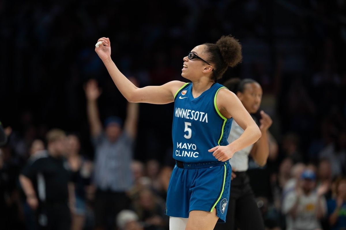 Jun 6, 2026; Minneapolis, Minnesota, USA; Minnesota Lynx guard Olivia Miles (5) reacts to making a shot against the Seattle Storm in the second half at Target Center. Mandatory Credit: Jesse Johnson-Imagn Images