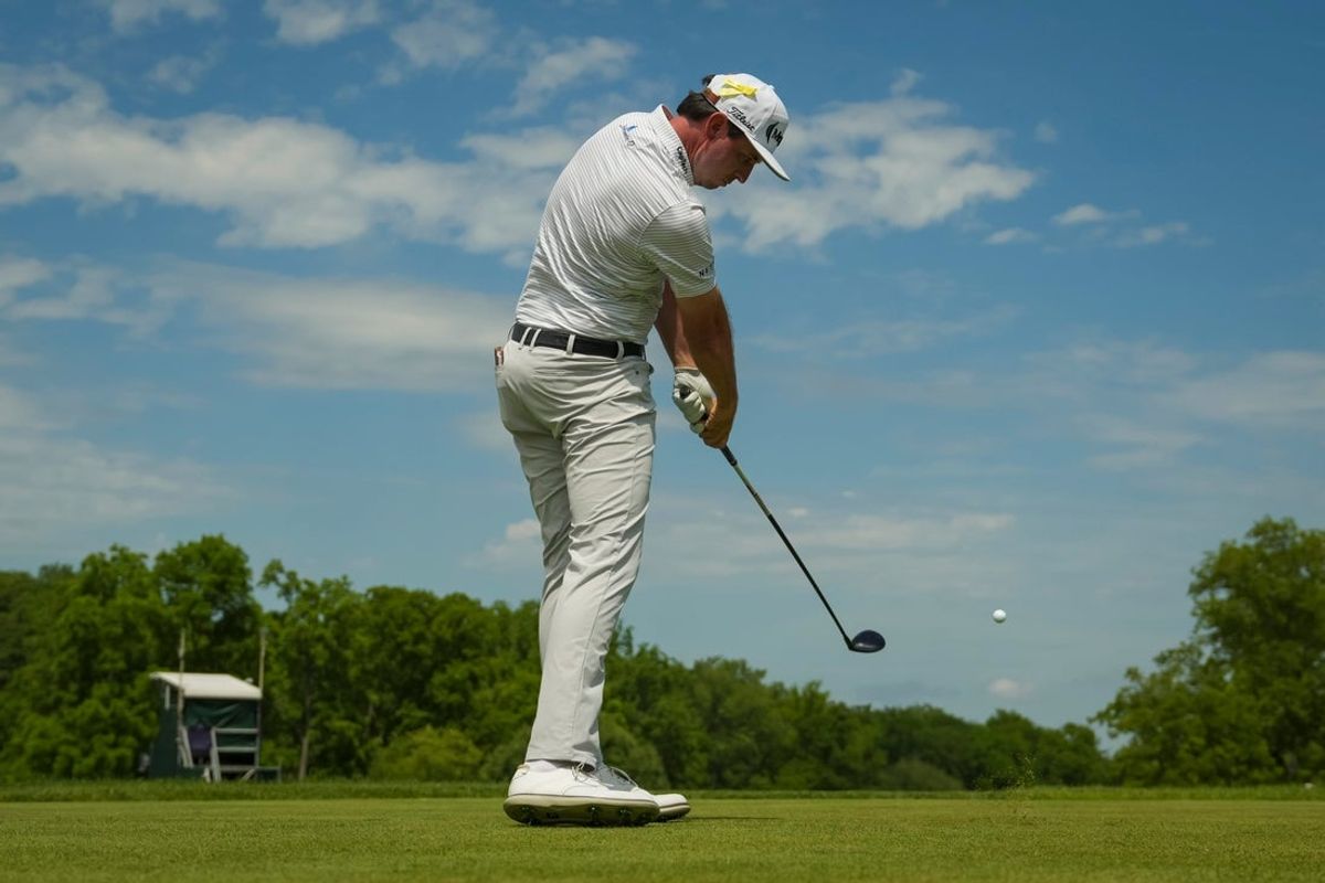 J.T. Poston tees off on the first hole during the third round of the Memorial Tournament at Muirfield Village Golf Club on June 6, 2026.