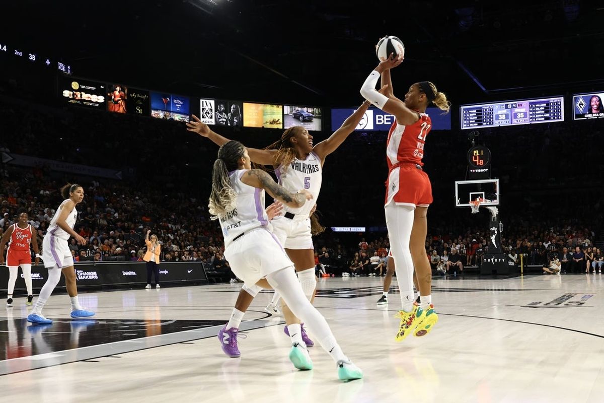 Jun 6, 2026; Las Vegas, Nevada, USA;  Las Vegas Aces center A'ja Wilson (22) shoots over Golden State Valkyries forward Kayla Thornton (5) at Michelob Ultra Arena. Mandatory Credit: Boz Bloom-Imagn Images