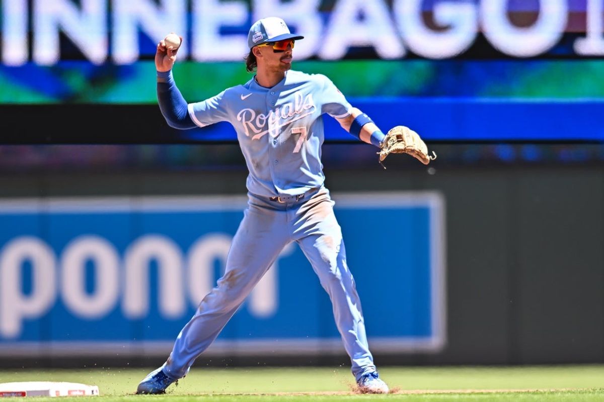 Jun 6, 2026; Minneapolis, Minnesota, USA; Kansas City Royals shortstop Bobby Witt Jr. (7) completes a double play off the bat of Minnesota Twins left fielder Trevor Larnach (9) during the third inning at Target Field. Mandatory Credit: Jeffrey Becker-Imagn Images