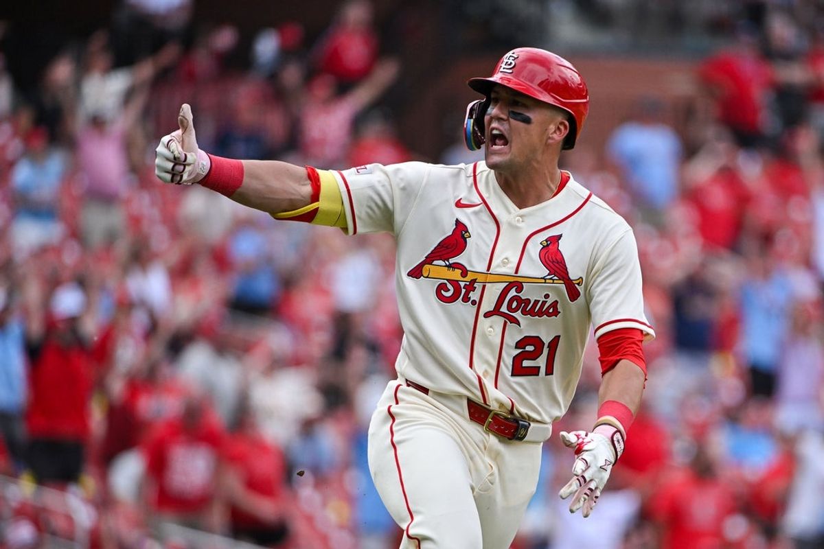 Jun 6, 2026; St. Louis, Missouri, USA; St. Louis Cardinals center fielder Lars Nootbaar (21) reacts after hitting a go ahead two run home run against the Cincinnati Reds during the eighth inning at Busch Stadium. Mandatory Credit: Jeff Curry-Imagn Images