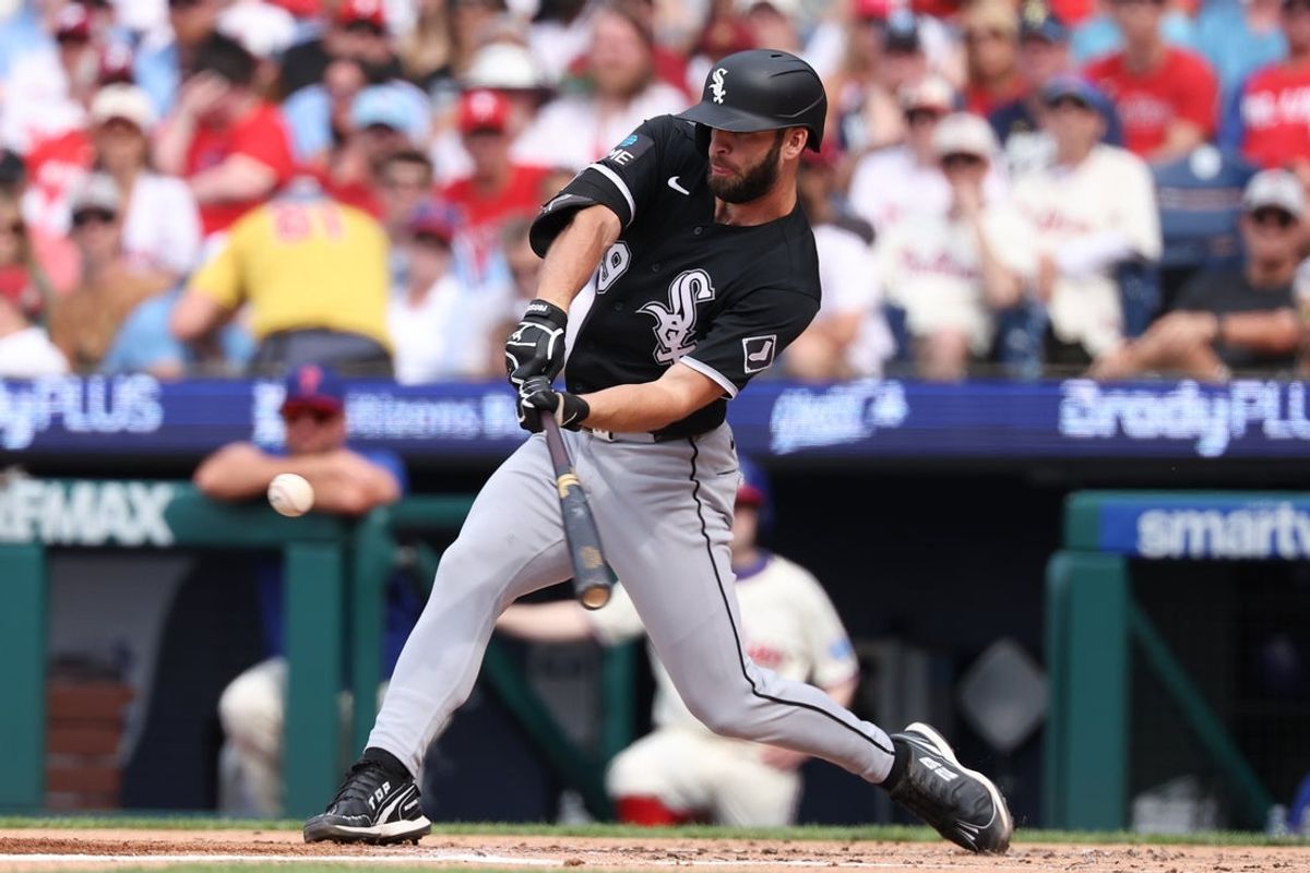 Jun 6, 2026; Philadelphia, Pennsylvania, USA; Chicago White Sox center fielder Tristan Peters (29) hits an RBI double against the Philadelphia Phillies during the first inning at Citizens Bank Park. Mandatory Credit: Bill Streicher-Imagn Images